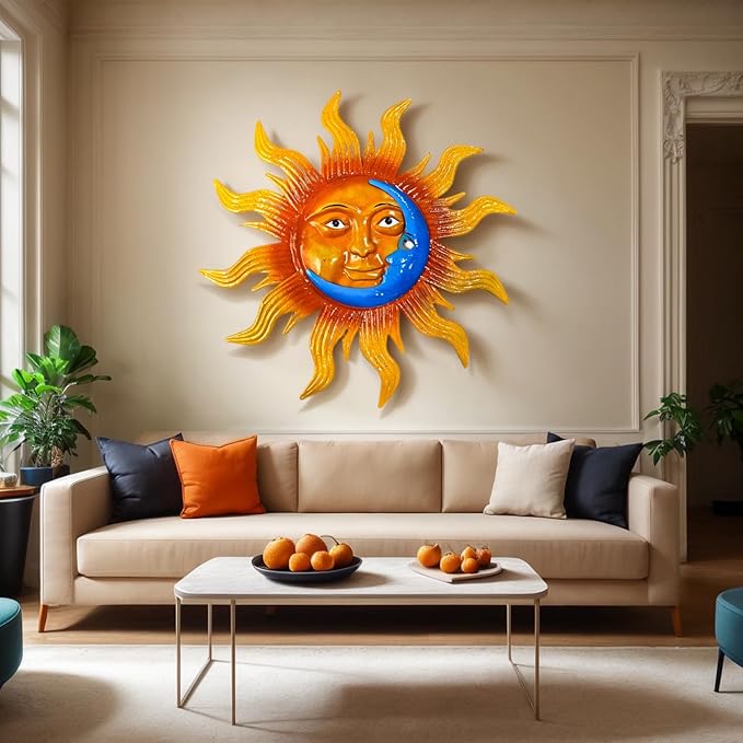 25.7'' Large Size Metal Sun Outdoor Wall Art Decor, Sun&Moon Outside Metal Art Rust Proof Wall Sculpture, Ideal for for Yard, Bedroom, Patio, Garden, Fence, Deck Pool Home and Farmhouse (Large sun)