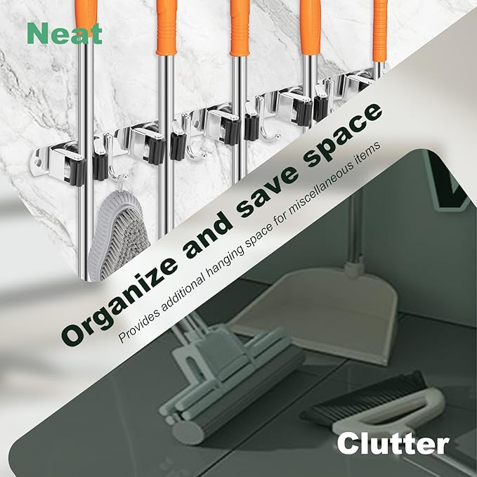 2Pcs 5 Racks 4 Hooks Stainless Steel Broom Mop Holder Anti Slip Wall Mount Broom Storage Rack Strong Load Bearing Waterproof Mop Broom Organizer for Bathroom Kitchen Garage