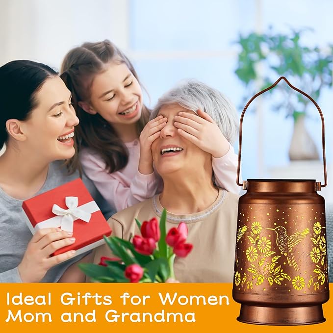 Solar Lantern Outdoor Hanging Waterproof Outside Metal Openwork Hummingbird Pattern Birthday Gifts for Women Mom Landscape Lights for Porch Garden Yard Patio Pathway Decor(Great Hummingbird)
