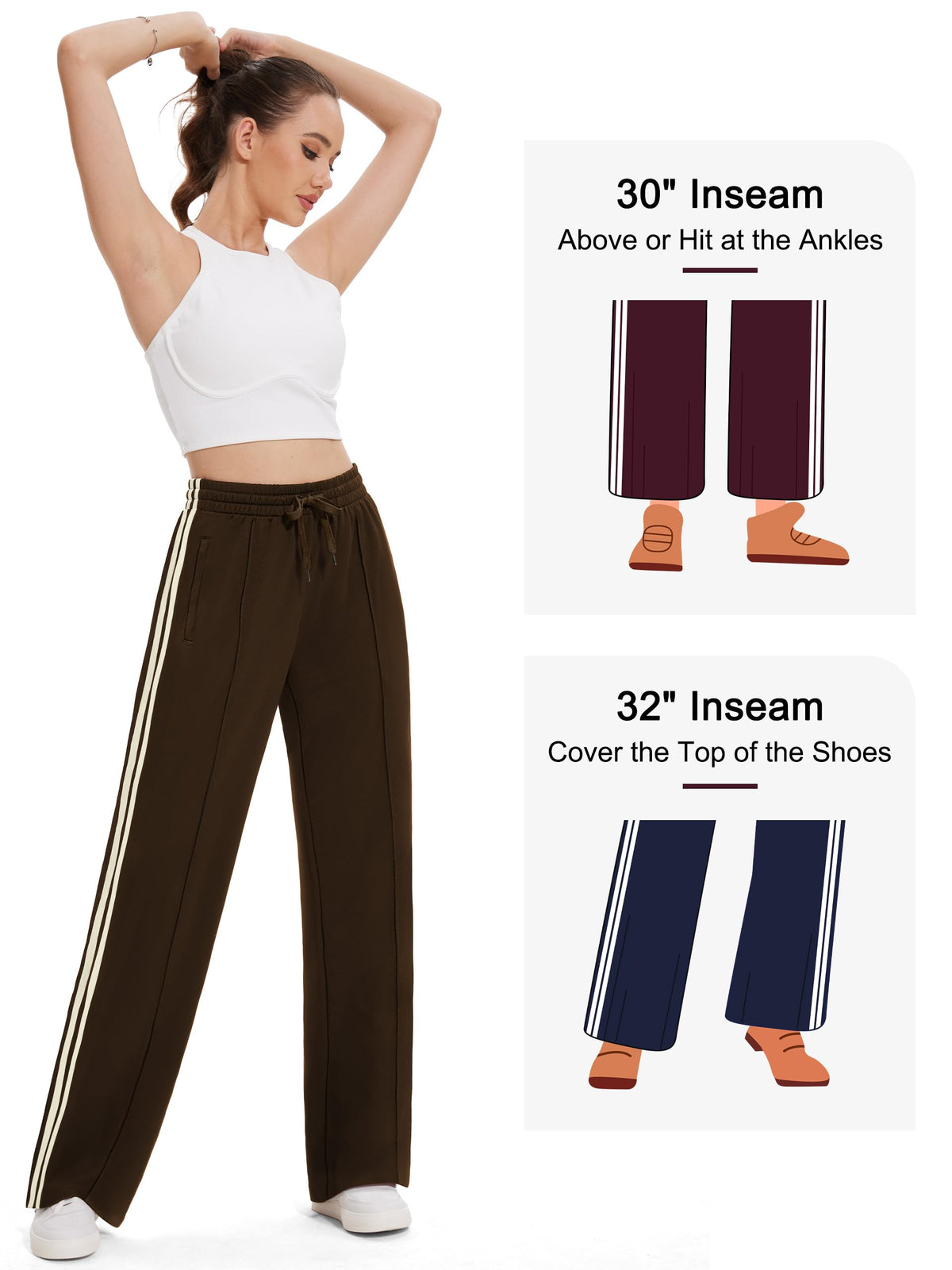 Tapata Womens 30" Inseam Track Pants Relaxed Fit Striped Workout Sweatpants Elastic Waist Baggy Trousers Zipper Pockets, Brown, L