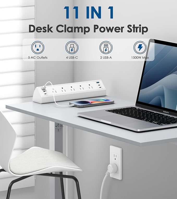 Jgstkcity Desk Clamp Power Strip USB C,40W Total Fast Charging Station,4 PD 20W USB C Ports,Desk Edge Mount Surge Protector,5 Outlets,Fit 1.96" Tabletop Edge,ETL Listed,White