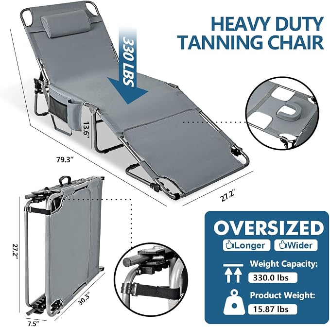 Tanning Chair with Face Hole, Adjustable Folding Chaise Lounge Chairs for Outside with Detachable Pillow & Pocket，Portable flat beach chairs for sunbathing, beach lawns camping (Deep Grey, Oversized)