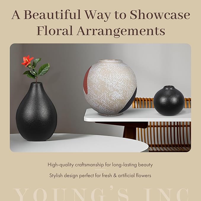 Young's Inc Textured Stoneware Vase with Ribbed Design – Modern Organic Decorative Flower Vase for Table Centerpiece, Shelf, or Mantel, 7” Tall