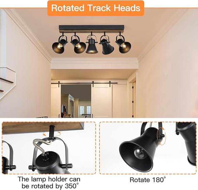 SEEBLEN 5-Light Track Light Fixtures, Adjustable Ceiling/Wall Mount Spotlight, Industrial Black Kitchen Track Lighting for Living Room, Dining Room, Hallway, Bathroom
