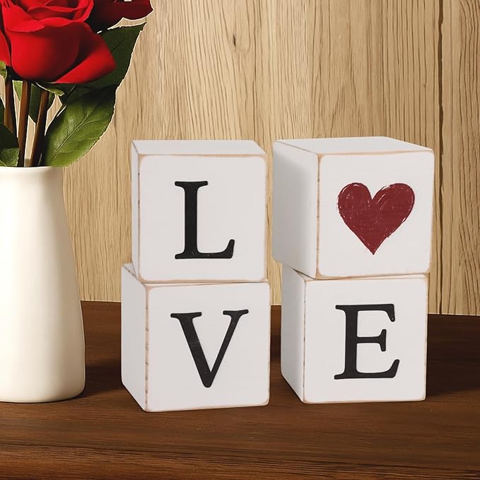 4pcs Reversible Valentines Day St. Patrick's Day Decorations Rustic Love Luck Wooden Blocks Tiered Tray Decor Love Sign Tabletop Centerpieces for Anniversary Home Mantle Shelf Party Supplies