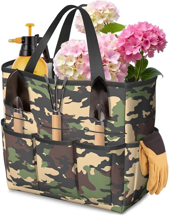 Green Camo Garden Tool Bag - Waterproof Garden Tote with 8 Pockets, Large Storage Home Organizer Gardening Tool Oxford Bag for Garden Tools Kits Holder, Ideal Outdoor Gardening Gift for Women & Men
