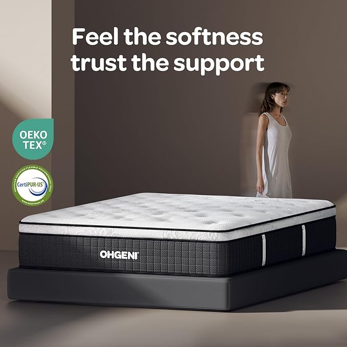 OhGeni 14 Inch Cooling Queen Size Mattress, Hybrid Gel-Infused Memory Foam Bed Mattresses in a Box, Medium Feel Cool Top Fabric, Individual Pocket Innerspring, 3-Zone Design & Reinforced Edge Support