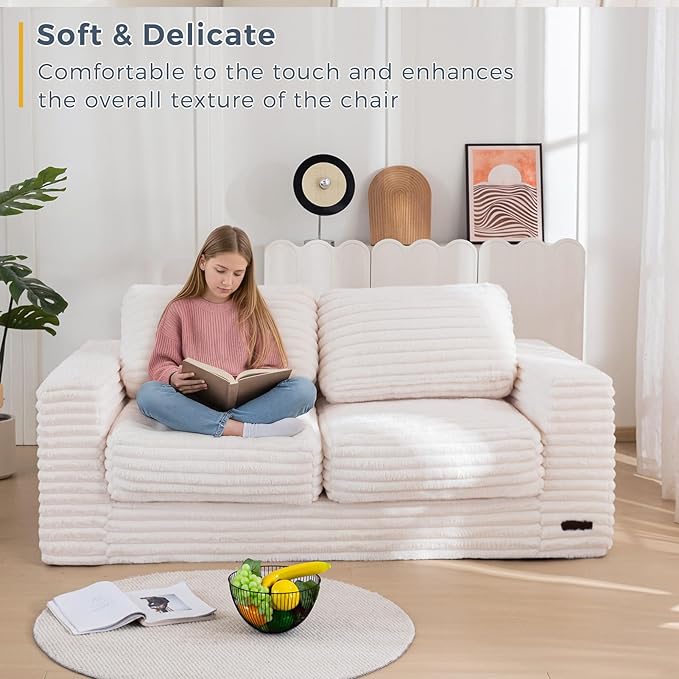MAXYOYO Bean Bag Chair for Adults, Upholstered Loveseat Floor Sofa with Pillows and Armrests, Large Bean Bag Sofa Plush Couch for Bedroom Living Room, Beige