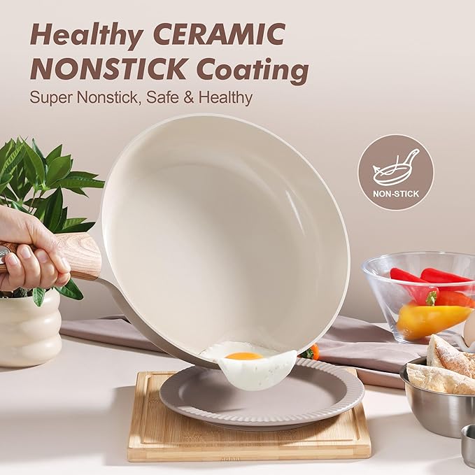 SENSARTE Ceramic Nonstick Frying Pan Skillet 9.5Inch Non Stick Omelette Pans, Non-toxic Healthy Kitchen Cooking Chef's Pan, Free of Intentionally Added PFOA/PFAS/PTFE, Induction Compatible, Taupe