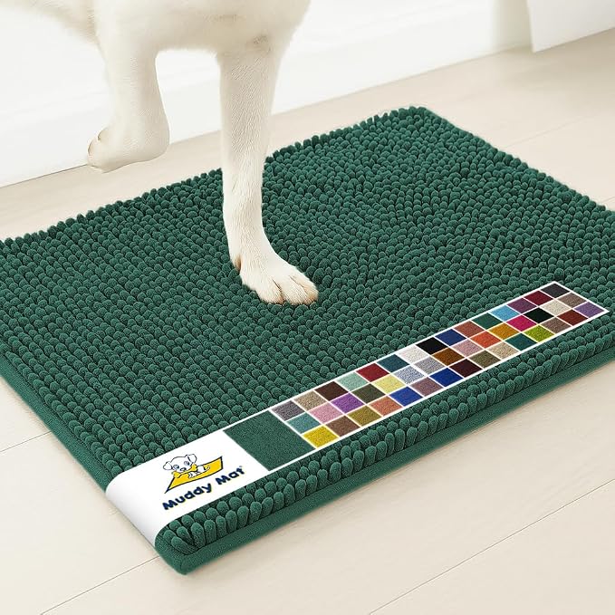 Muddy Mat® | Super Water Absorbent Door Mat Indoor, Microfiber Quick Dry Chenille Entryway Rug, Slip Resistant Front Door Mat, Indoor Mats for Entryway, Machine Washable Pet Rug, Dark Green 5ft x 7ft