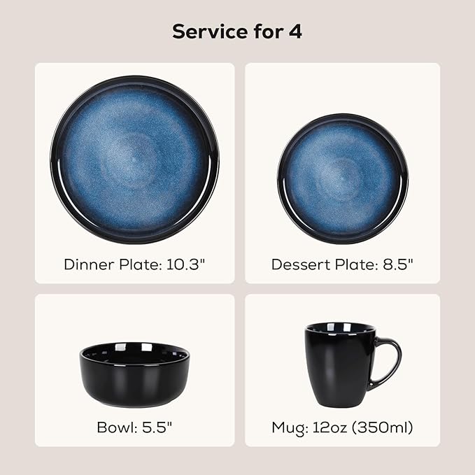 Romswi Dinnerware Set for 4, 16Pcs Stoneware Plates and Bowls Sets with Mugs, Chip & Scratch Resistant Dish Set, Handmade Reactive Glaze, Oven,Microwave and Dishwasher Safe, Dreamy Moonlight-Blue