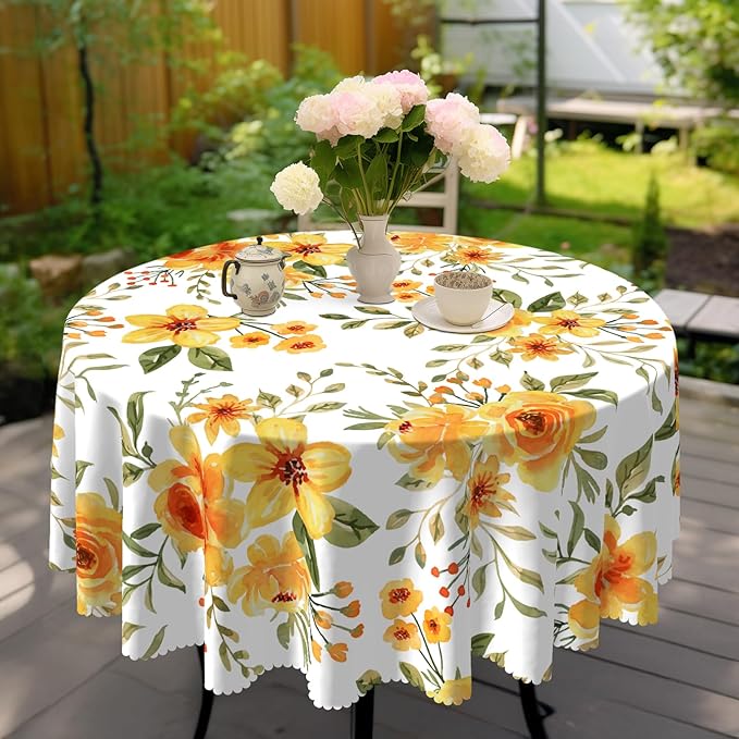 Eikione Round Tablecloth 60inch,Tablecloth Waterproof and Wrinkle-Free, Red Flower Rustic Table Covers, Summer Decorations for Home