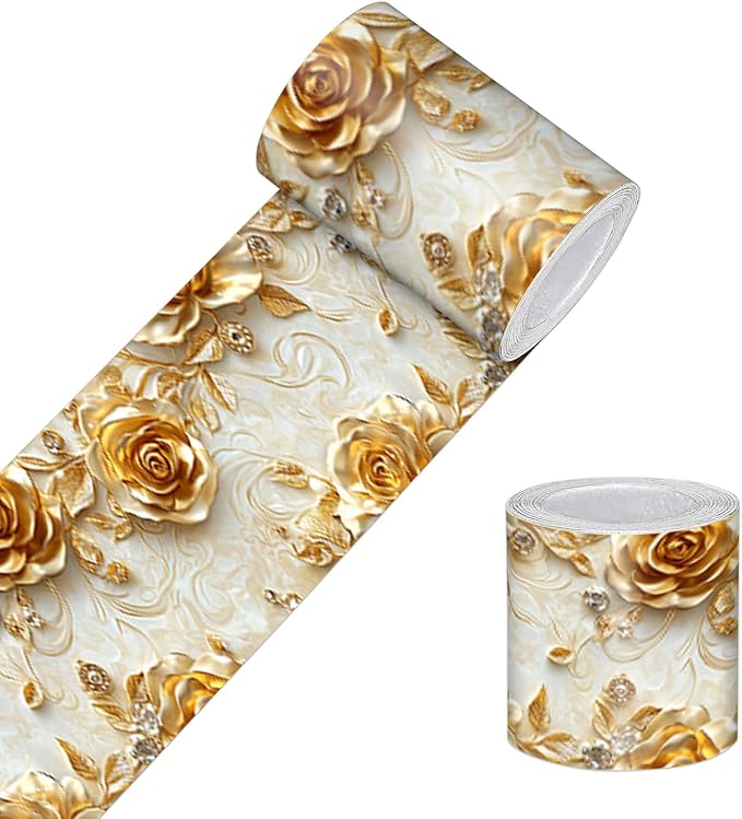 HOMETITUTE Wallpaper Border Peel and Stick Baroque Gold Texture Decorative Wall