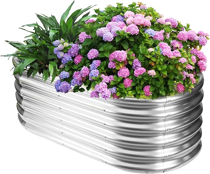 YSEJOMP 17" Tall Outdoor Garden Raised Garden Bed Kits, 4ft X 2ft Oval,0.8MM Thick Metal Raised Planter Bed/Ground Planter Box for Variety of Flowers,Herbs,Vegetables (Silver, 48X24X16.5 Inches)