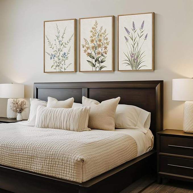 Anyzal Large Framed Botanical Wall Art 16x24 Inch Modern Floral Canvas Art Prints Neutral Beige Wildflower Wall Decor for Living Room Bedroom Dining Room Office Set of 3