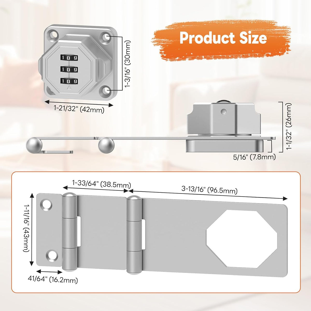 90 Degree 3-Digit Combination Cabinet Lock, Zinc Alloy Keyless Folding Hasp Lock Latch, Password Security Rotary Door Latch for Office File Cabinet, Drawer, Locker, Cupboard (1, Silver)
