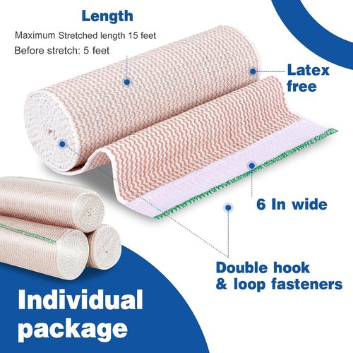 AZEN Premium 12 Pack Elastic Bandage Wrap 6 Inch, Compression Wrap Bandage for Legs, Ankle, Knee, Tummy, Body, Latex-Free, Lymphedema Wraps for Legs