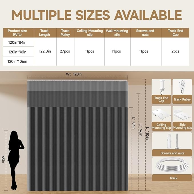 Room Divider Ceiling Curtains W/Flexible Track Sets, inch Extra Long Blackout