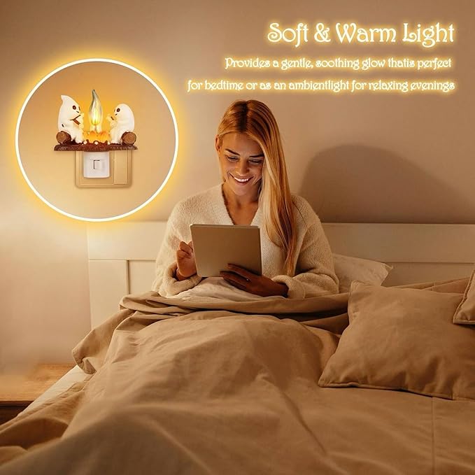 Ghost Campfire Night Light, White Plastic, LED Flickering Flame Effect, Indoor Decorative Wall Plug-in, Spooky Decor for Kids Bedroom