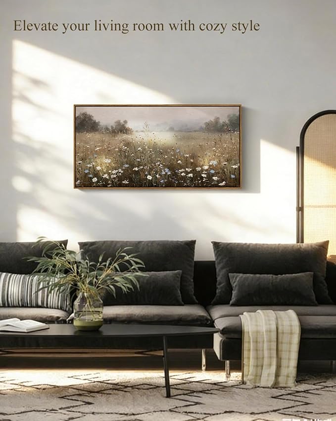 InSimSea Extra Large Framed Vintage Wall Art, Living Room Country Farmhouse Decor, Spring Wildflower Field Landscape Canvas Prints, Retro Scenery Long Pictures for Bedroom Above of Bed, 20x40inch