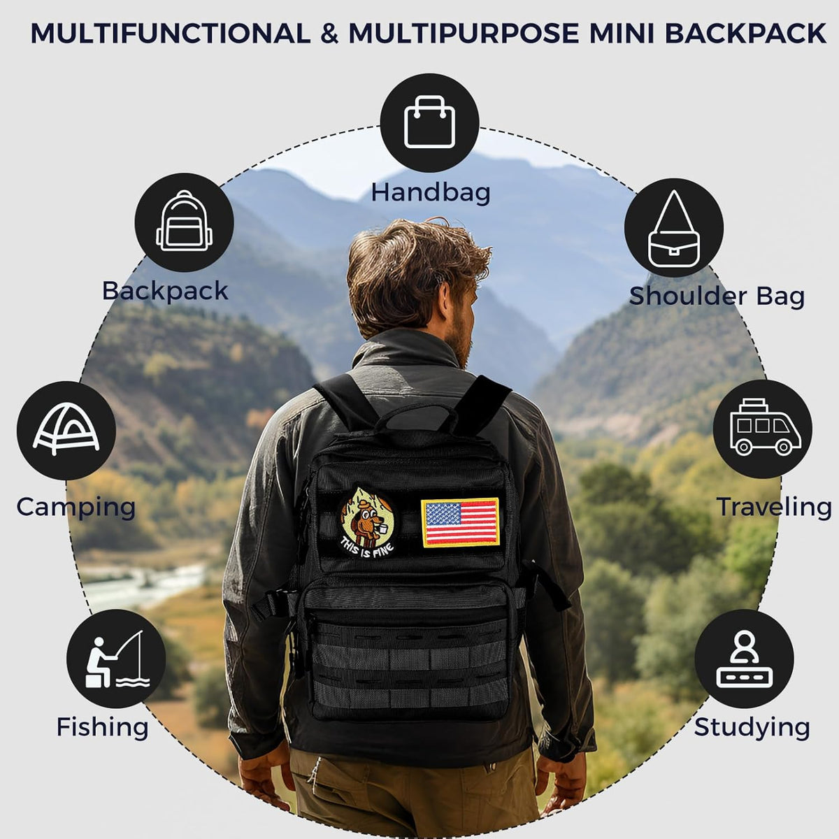 Skiennix 9L Mini Tactical Backpack - Small Military Gym Bag for Men & Women | Black Molle Daypack