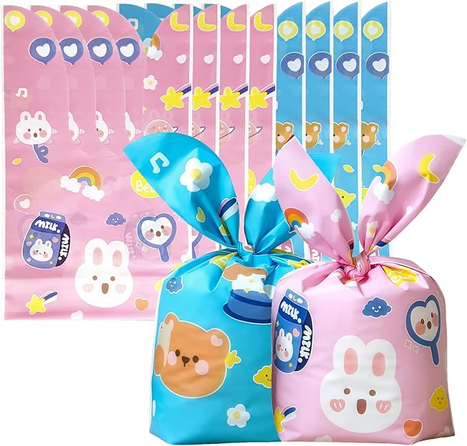 FERENLI 50 Pack Reusable Easter Gift Bags with Bunny Ears Goodie Treat Plastic Snack Candy Bags for Rabbit Bunny Birthday Party Favor Supplies (2 Mixed Colors, 5.3x9.1 inch(13.5x23 cm))