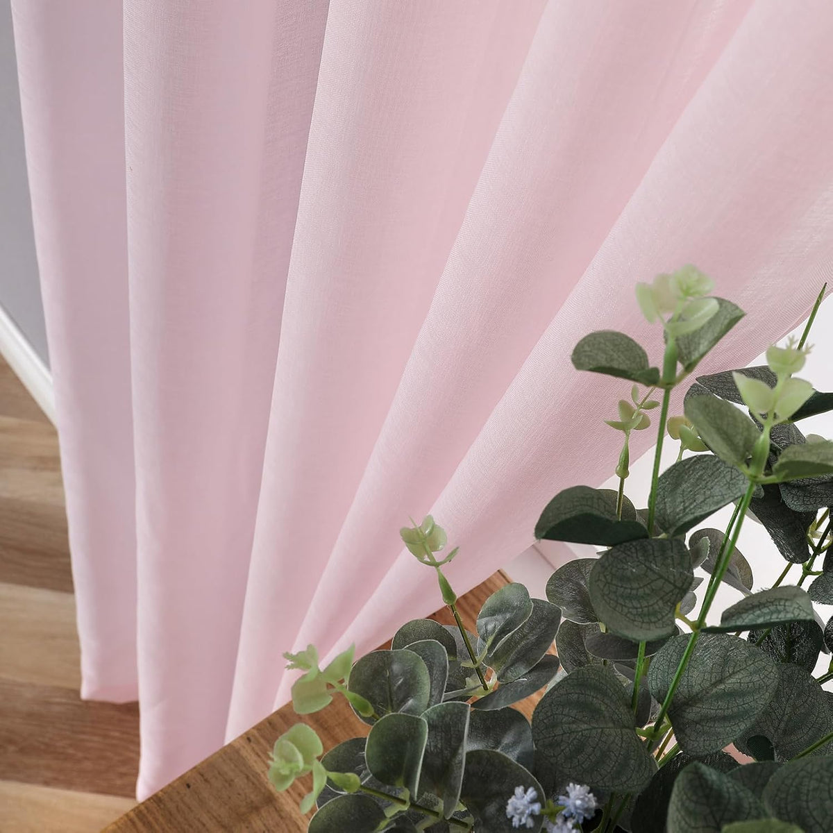 Tollpiz Short Sheer Curtains Living Room Linen Textured Curtain Sheers Light Filtering Voile Rod Pocket Curtains for Bedroom, 38 x 45 inches Long, Pink, Set of 2 Panels