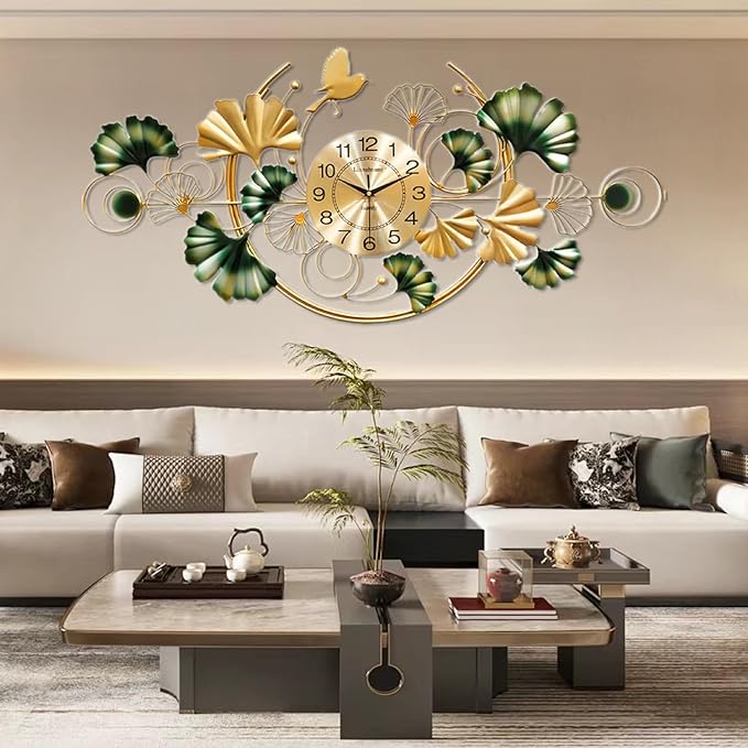 Big Wall Clock, Unique Ginkgo Leaf Decorative Wall Clocks, Luxury Metal Gold