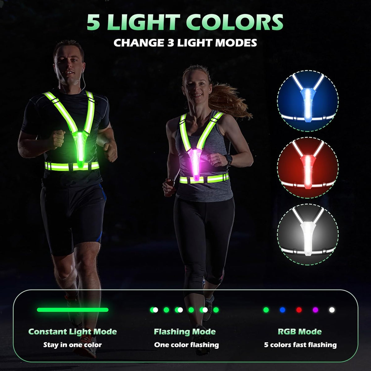 Skiennix LED Reflective Running Vest - Rechargeable Light-Up Safety Gear with 3 Modes & 5 Colors