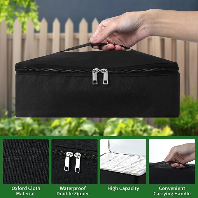 26 Slots Seed Storage Organizer Box, Reusable Oxford Cloth Seeds Storage Container, Holds 80-200 Envelopes, Garden Seed Packet with Insulated Bag and Label Stickers for Vegetable Flower Plants