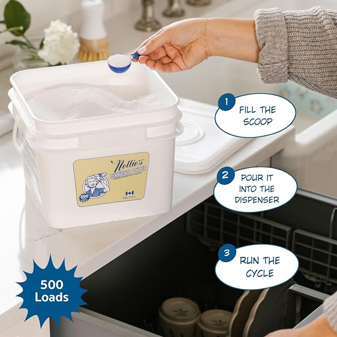 Nellie's Dishwasher Powder – 500 Scoop Bulk Bucket – Plant-Based Formula – Phosphate-Free, Septic-Safe, Tough on Food Residue – Sparkling, Streak-Free Clean – Made in Canada