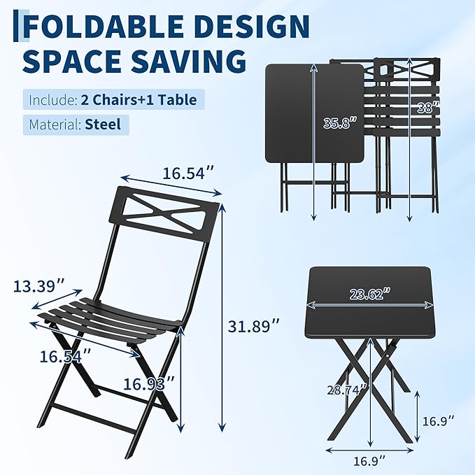 Outdoor Square Bistro Set 3 Piece, Black Iron Tube Patio Furniture Set with Square Table & 2 Chairs, Foldable Steel Backyard Deck Porch Garden , Space Saving Outdoor Dining Set for Small Spaces