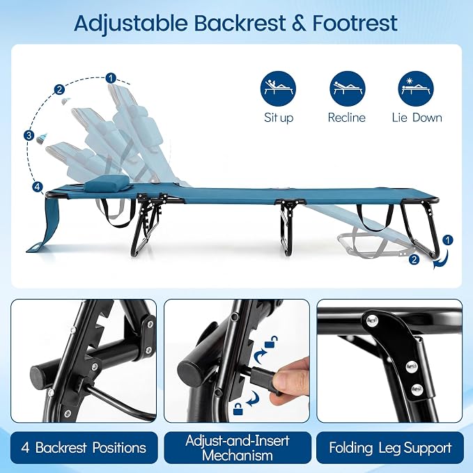 Giantex 350lbs Adjustable Patio Lounge Chair w/Face Hole, Removable Pillows, Carry Strap, Layout Chair, Folding Beach Chair, Outdoor Chaise Lounge for Poolside Lawn Tanning (1, Blue)