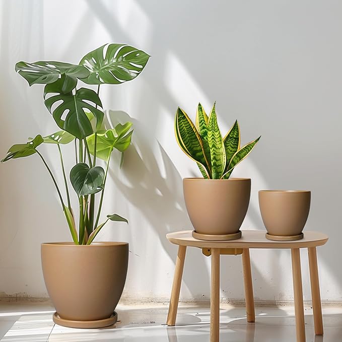 Ceramic Pots for Plants Set of 3-10+8+6 Inch Modern Round Planters with Drainage Holes and Plant Saucers, Flower Pots for Indoor Outdoor, Home Garden Room Decor, Plant Lover Gifts, Brown
