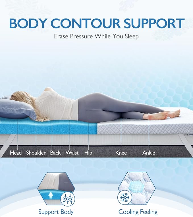 SINWEEK 2 Inch Twin XL Cooling Memory Foam Mattress Topper for Pressure Relief, Thick Bed Mattress Pad with Cooling Soft Cover and Adjustable Straps, CertiPUR-US Certified