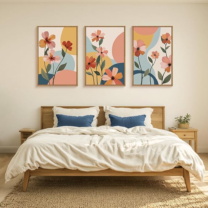 FWIEXA Boho Floral Canvas Wall Art,Pink Flower Pictures Wall Decor,Modern Orange Flowers Wall Art,Abstract Plant Botanical Art Print,Wildflower Bohemian Artwork for Bedroom Rustic Farmhouse 16x24''x3