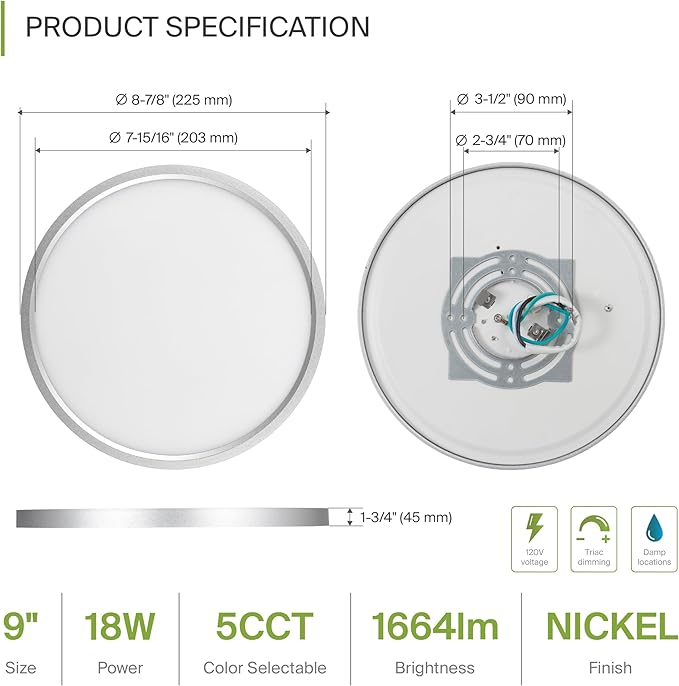 ASD LED 9" Round Flush Mount Ceiling Light Fixture, Low Profile Surface Lighting | 5CCT, Dimmable, Ultra-Thin, ETL Listed | 18W 1660LM 2700-6000K 120V | Kitchen, Bedroom, Hallway Lamp | Nickel