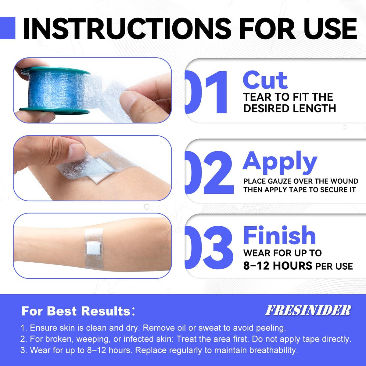 FRESINIDER Silicone Medical Tape – 1" x 5 Yard Blue 4 Rolls, Pre-Cut, Waterproof & Repositionable, Pain-Free Removal, Hypoallergenic Adhesive for Sensitive Skin, Wound Care & First Aid Use