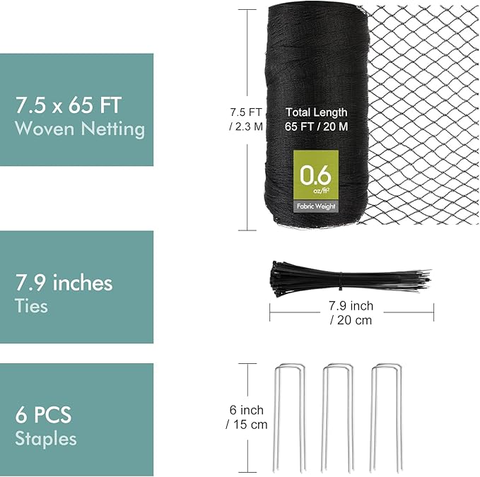 Bird Netting for Garden, Fetanten 7.5 x 65 FT Netting for Garden Protection Vegetables Fruit Trees Blueberry from Birds Deer Poultry, Heavy Duty Woven Mesh Net Animal Fencing with Ties and Staples