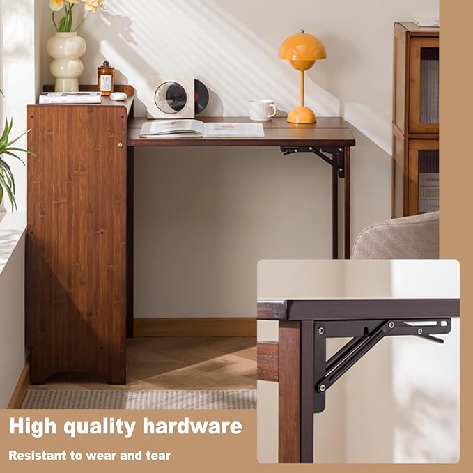 Bamboo Folding Desk with Storage Shelves, Space Saving Mid Century Modern Bookcase with Drop Down Table, Hide Away Desk for Home Bedroom Study Office