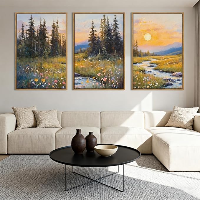 IARTTOP Large Mountain Wall Art Framed 16x24 Inch Abstract Forest Landscape Canvas Wall Decor Nature Scenery Wildflower Botanical Artwork for Living Room Bedroom Set of 3