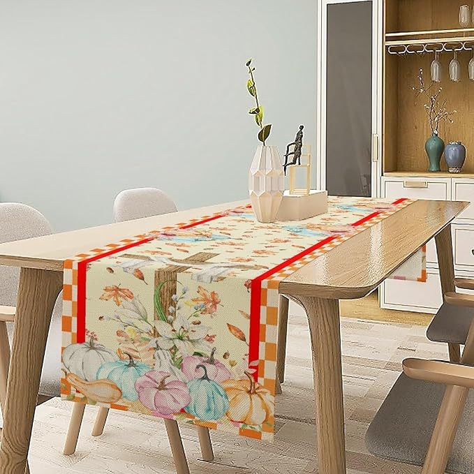 Watercolor Pumpkin Table Runner Fall Flowers Falling Leaves Cross Harvest Season Thanksgiving Rustic Home Decor for Farmhouse Indoor Outdoor Party Holiday Dining Kitchen Restaurant Cafe W13xL36in