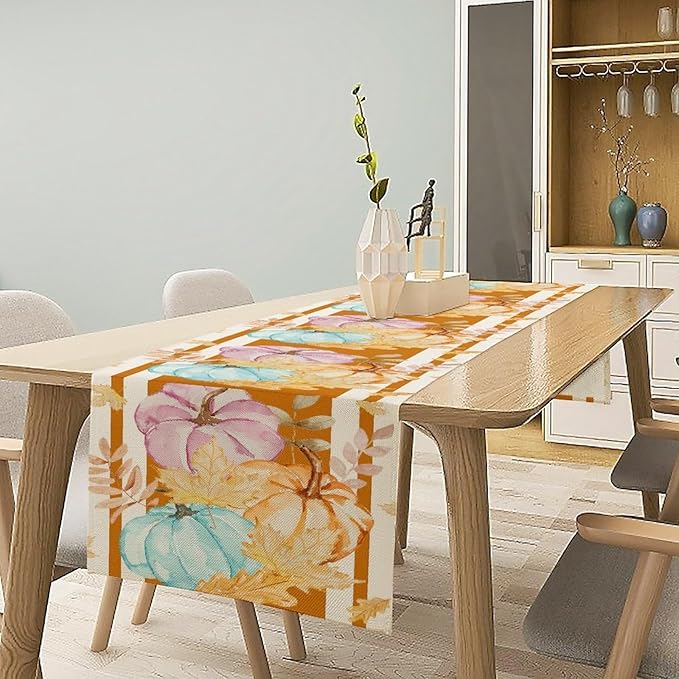 Watercolor Pumpkin Table Runner Rustic Farmhouse Autumn Plants Colorful Leaves Pastoral Harvest Theme Home Decor for Farmhouse Indoor Outdoor Party Holiday Dining Kitchen Restaurant Cafe W13xL60in