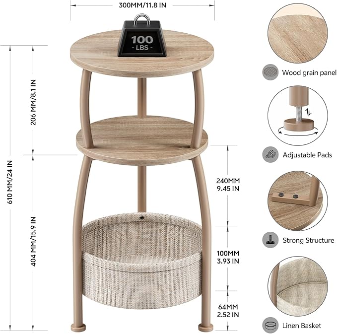 Small Side Table with Storage Basket, Space Saving Round End Table 3-Tier Bedside Corner Stand for Living Room, Bedroom, Garden and More 11.81in Light Oak