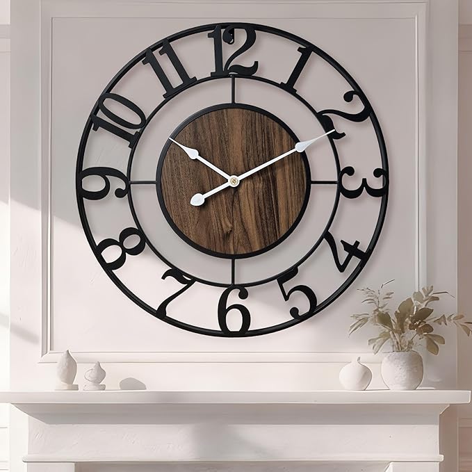 Large Metal Wall Clock, 20 Inch Retro Decorative Silent, Non Ticking, Battery