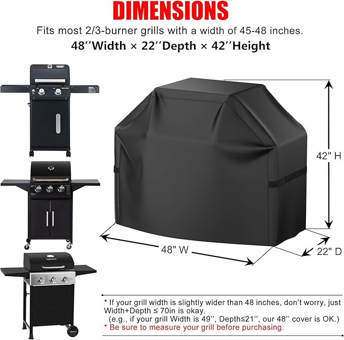 Grill Cover, 48 inch Heavy Duty BBQ Gas Grill Cover for Outdoor Grill, Waterproof, Weather Resistant, Anti-UV, Rip-Proof, Fade Resistant Barbecue Cover with Hook-and-Loop Straps for Most Grills