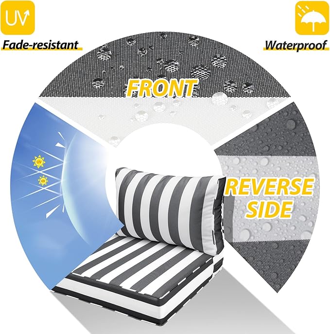 AAAAAcessories Outdoor Seat Cushions for Chairs, Fade-Resistant, Waterproof Patio Furniture Replacement Cushions, 25.5" x 25.5" x 5" + 25.5" x 13.5", Gray Cabana Stripe