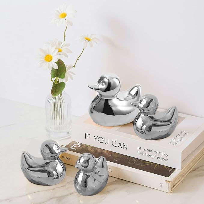 Silver Ceramic Duck Figurines，Home Decor Animal Sculptures and Statues Handmade Artware Decor,Mini Duck Sets 3 PCS