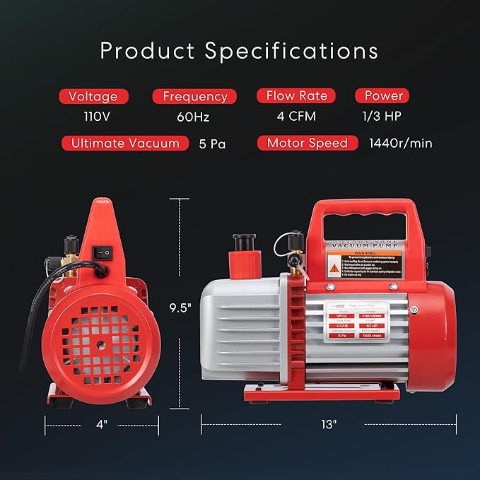 VIVOHOME 110V 1/3 HP 4CFM Single Stage Rotary Vane Air Vacuum Pump and AC Manifold Gauge Set Kit with Leak Detector for R134a R12 R22 R502 R410a HVAC Air Conditioning Refrigeration Recharging, Red