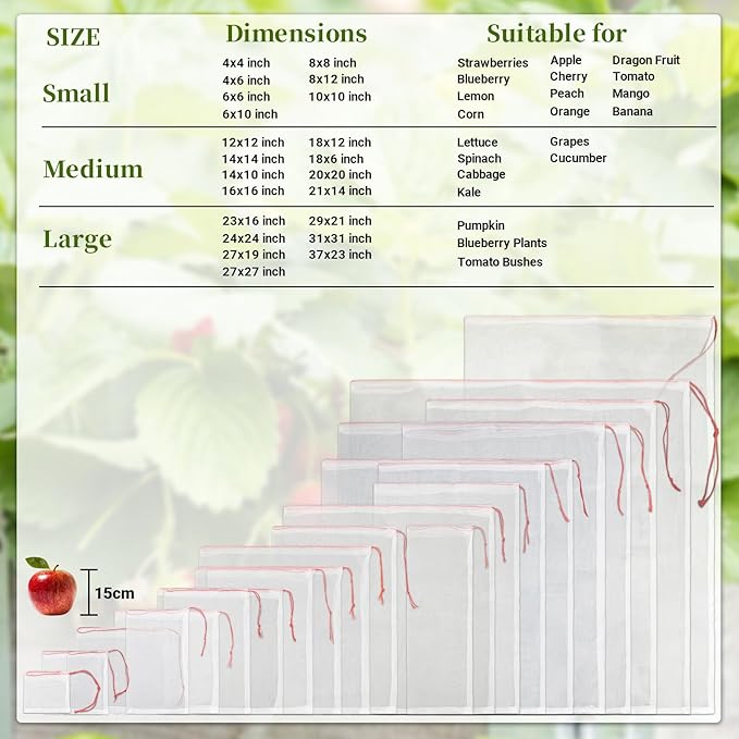 Fruit Protection Bags for Fruit Trees, 50 PCS 18x12 Inch Garden Insect Netting Bag with Drawstrings, Protect Plants, Tomato, Apple, Peach Trees from Bugs Birds
